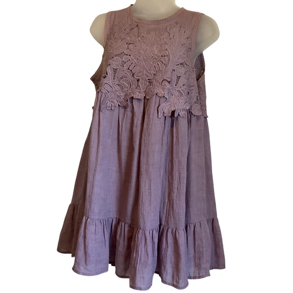 Umgee Dresses & Skirts - Umgee Womens Mauve Purple Lace Crochet Boho Gauze Tiered Ruffle Mini Dress Med.